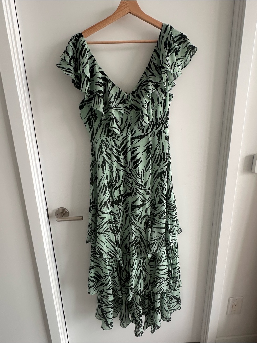 WAYF Sleeveless Ruffle Midi Dress in Mint Green Zebra Print